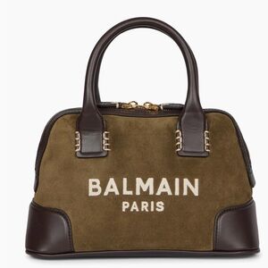 Balmain B-Army Dome Suede Top Handle Bowling Bag Kaki/Chocolate Brand New in Box